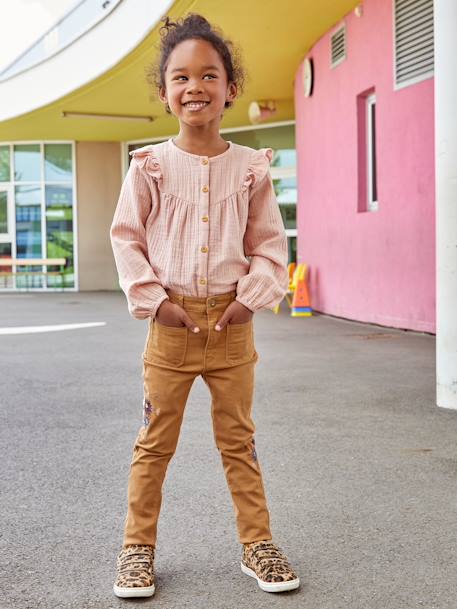 Slim-fit broek met hoge taille en geborduurde bloemen voor meisjes karamel - vertbaudet enfant 