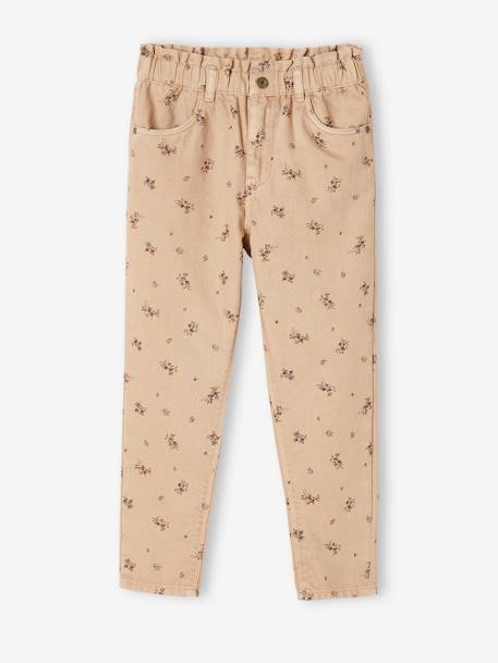 Broek in 'paperbag' stijl met bloemenprint meisjes beige+blauw - vertbaudet enfant 