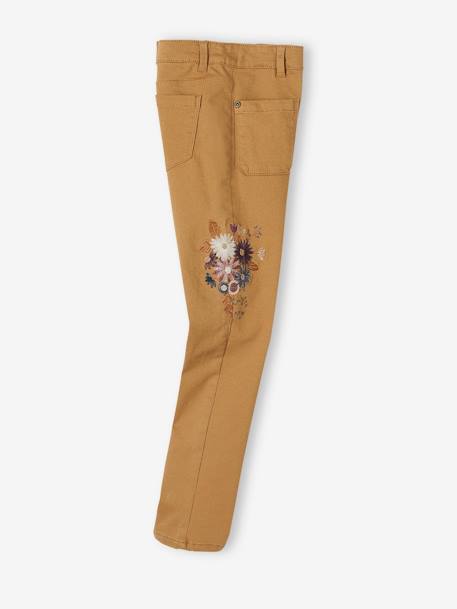 Slim-fit broek met hoge taille en geborduurde bloemen voor meisjes karamel - vertbaudet enfant 