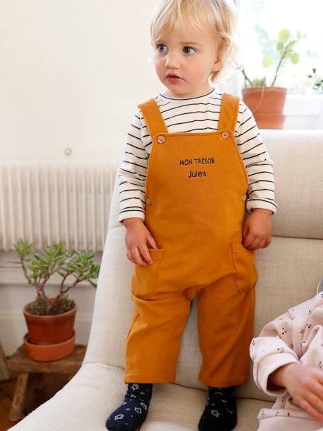 Fleece babyset met te personaliseren T-shirt en tuinbroek gemêleerd grijs+karamel - vertbaudet enfant 