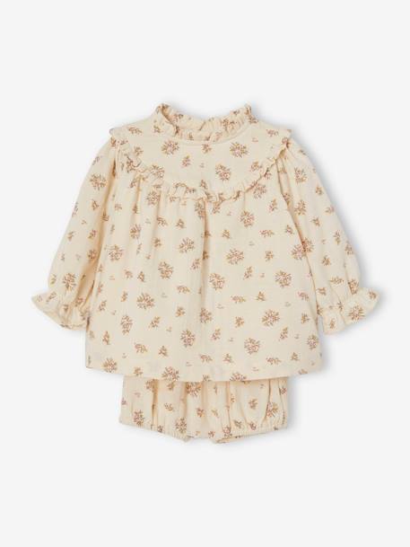 Babyjurkje van katoengaas met bloomer beige met print - vertbaudet enfant 