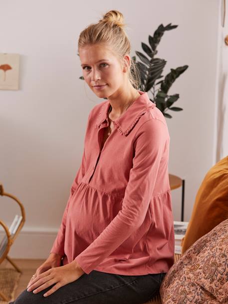 T-shirt blouse kraag met ruches zwangerschap en borstvoeding Oudroze - vertbaudet enfant 
