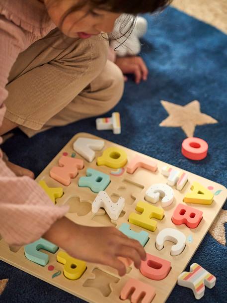 Puzzelletters om in te bedden in hout meerkleurig+roze - vertbaudet enfant 