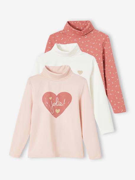 Set van 3  t-shirts met rolkraag voor meisjes antraciet+beige (poederkleur)+groengrijs+poederroze set+set antracietgrijs - vertbaudet enfant 