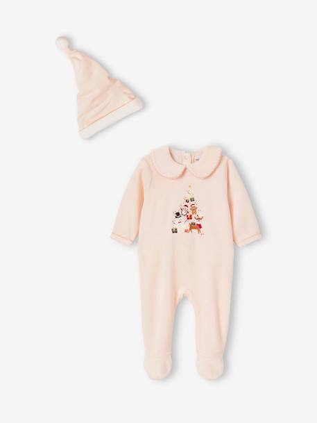 Babypyjama meisje Kerst met muts van fluweel lichtroze - vertbaudet enfant 