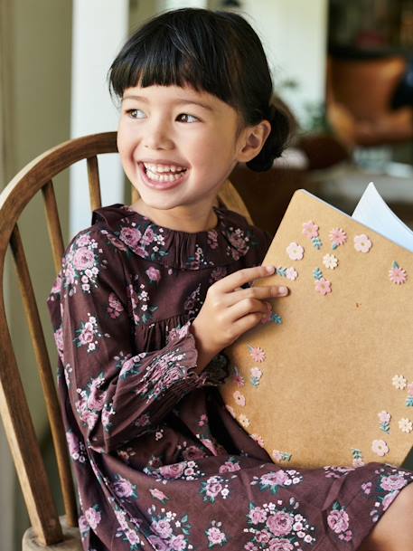 Meisjesjurk met bloemenprint en kraagje donkere pruimkleur met print - vertbaudet enfant 
