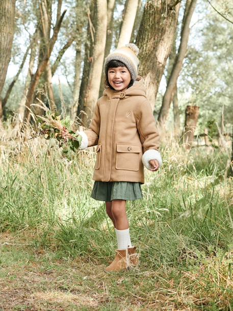 Mantel met capuchon van wol met sherpa voering voor meisjes donkergroen+geel - vertbaudet enfant 
