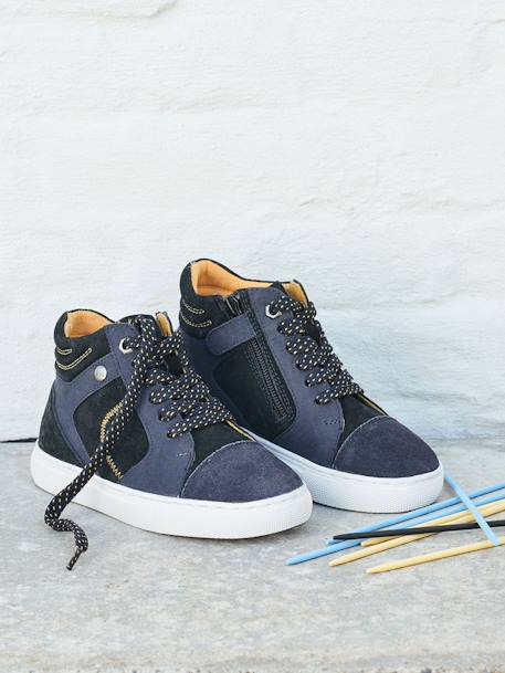 Hoge leren sneakers voor jongens met veters en klittenband marine - vertbaudet enfant 