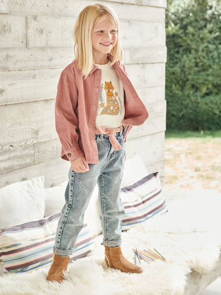 Jeans 'mom fit' met riem van katoengaas voor meisjes denim zwart+double stone - vertbaudet enfant 