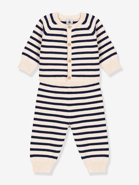 2-delig babypakje in gestreept breisel van wol en katoen PETIT BATEAU wit, bedrukt - vertbaudet enfant 