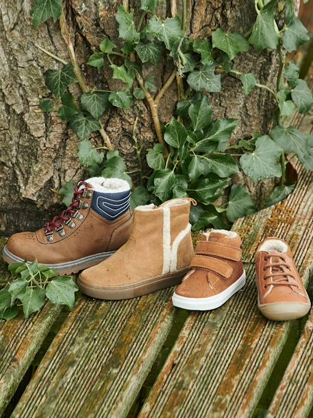 Halfgevoerde leren sneakers voor baby lichtbruin - vertbaudet enfant 