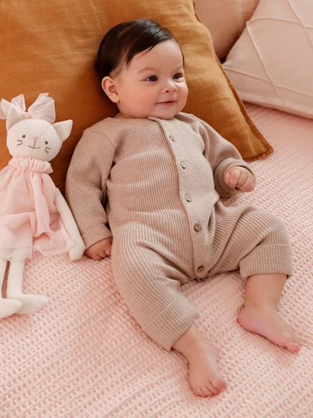 Geribde babypyjama met lange mouwen gechineerd beige+gemêleerd grijs+inkt - vertbaudet enfant 