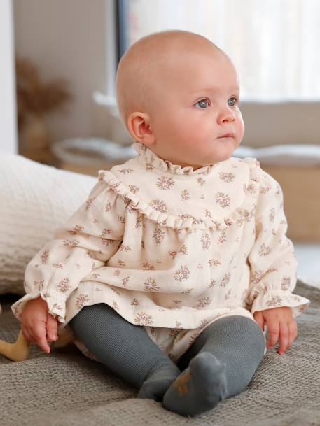 Babyjurkje van katoengaas met bloomer beige met print - vertbaudet enfant 