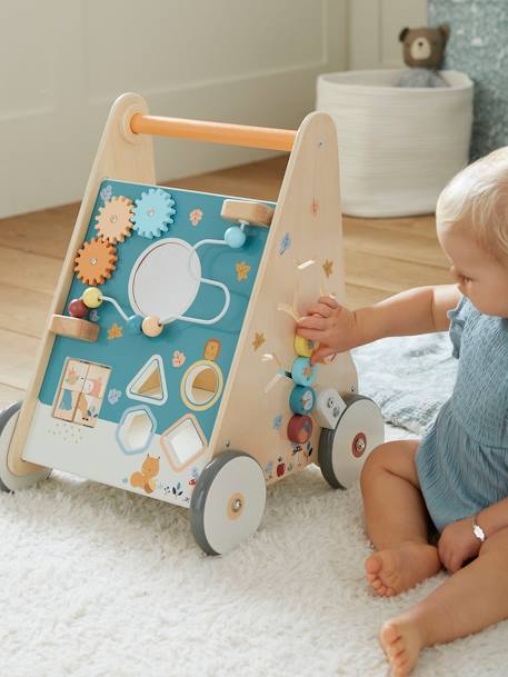 Loopwagen met houten remmen hout+rozen+wit - vertbaudet enfant 