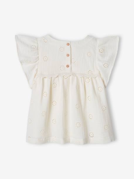 Blouse van katoengaas met geborduurde bloemen ecru+zachtpaars - vertbaudet enfant 