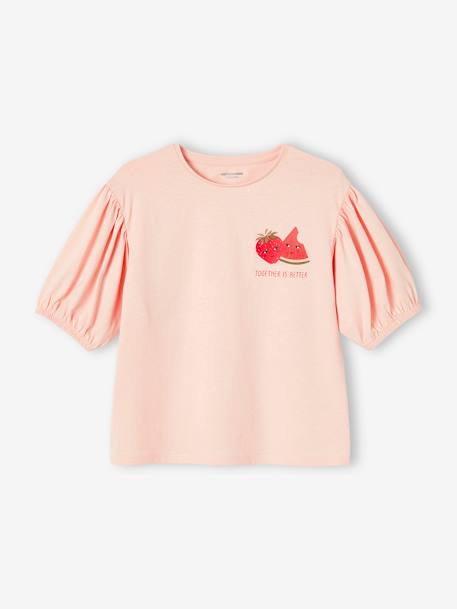 Meisjes t-shirt met bolletjesmouw en fruitmotief op de borst ecru+lichtroze - vertbaudet enfant 