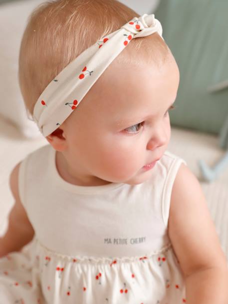 Jurk met bijpassende haarband babymeisje donkergroen met print+ecru+roze (poederkleur) - vertbaudet enfant 