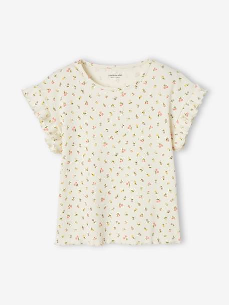 Geribd meisjes-T-shirt met bloemenprint ecru+inktblauw - vertbaudet enfant 