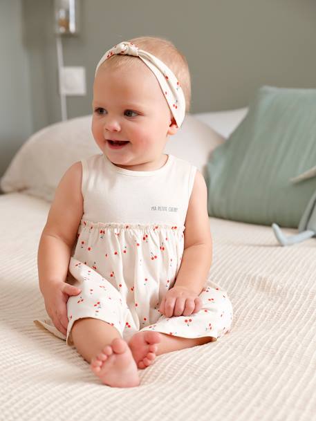 Jurk met bijpassende haarband babymeisje donkergroen met print+ecru+roze (poederkleur) - vertbaudet enfant 