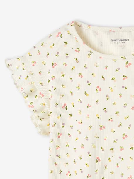 Geribd meisjes-T-shirt met bloemenprint ecru+inktblauw - vertbaudet enfant 