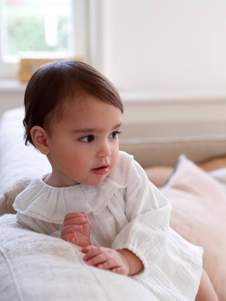 Babyblouse van katoenen hydrofiel doek met kraag met ruches ecru - vertbaudet enfant 