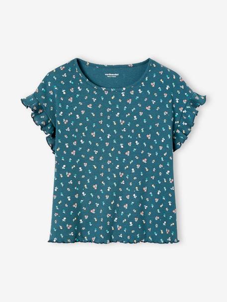 Geribd meisjes-T-shirt met bloemenprint ecru+inktblauw - vertbaudet enfant 