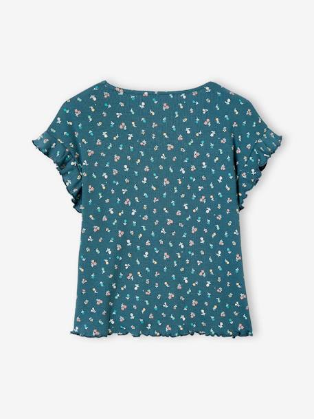Geribd meisjes-T-shirt met bloemenprint ecru+inktblauw - vertbaudet enfant 