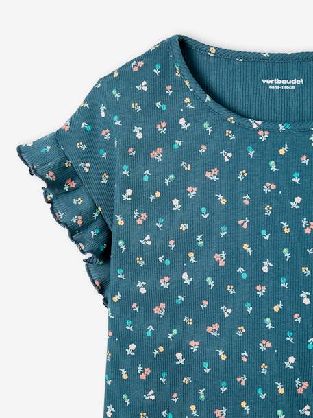 Geribd meisjes-T-shirt met bloemenprint ecru+inktblauw - vertbaudet enfant 