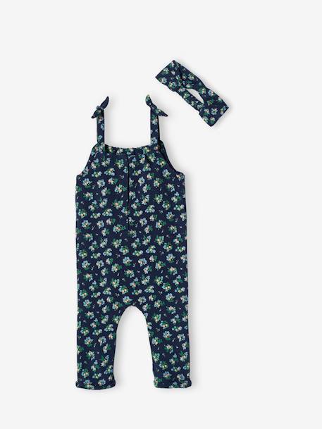 Set jumpsuit en haarband babymeisje van molton groengrijs met print+lichtroze+nachtblauw+wit met print - vertbaudet enfant 