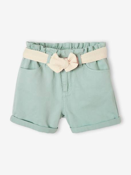 Meisjesshort in paperbag-stijl met ceintuur van katoengaas blauwgroen+roze (poederkleur)+zandbeige - vertbaudet enfant 