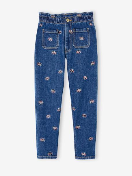 Paperbag meisjesjeans met geborduurde bloemen double stone+jeansblauw - vertbaudet enfant 