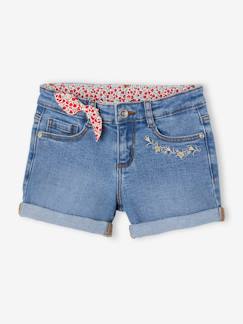 Meisje-Short-Geborduurde denim meisjesshort met bloemenstrik