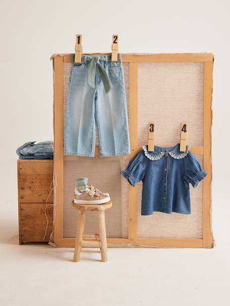 Wijde jeans met een riem van katoenen gaas meisjes op enkelhoogte double stone+stone - vertbaudet enfant 