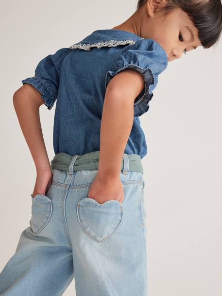 Wijde jeans met een riem van katoenen gaas meisjes op enkelhoogte double stone+stone - vertbaudet enfant 