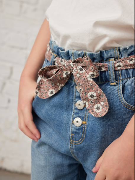 Paperbag jeans met bloemenriem voor meisjes denimgrijs+onbewerkt denim+stone - vertbaudet enfant 