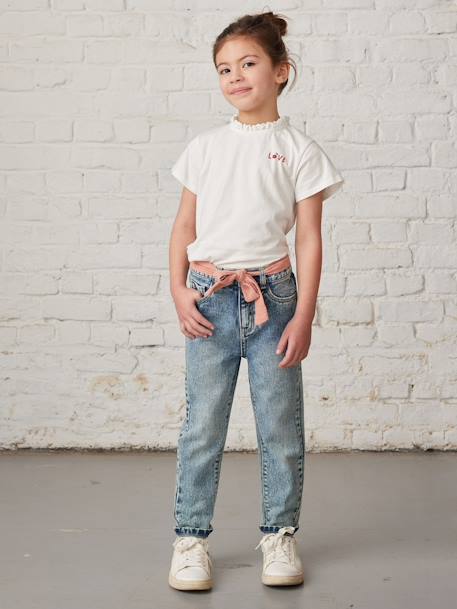 Personaliseerbare meisjes-T-shirt met kraag en korte mouwen ecru+marineblauw - vertbaudet enfant 