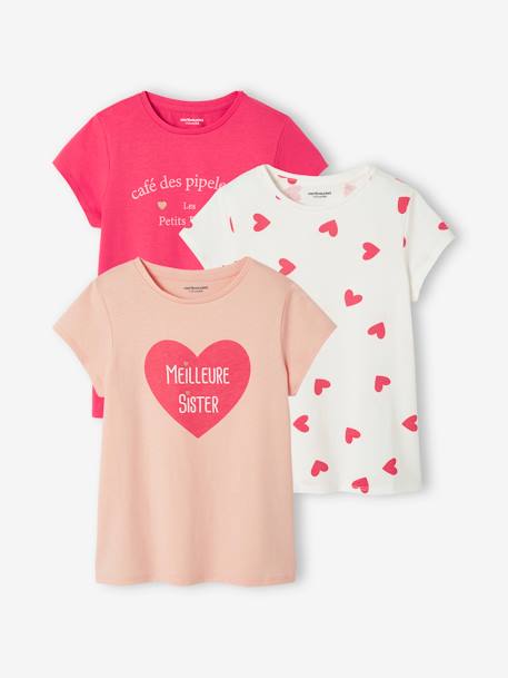 Set van 3 verschillende T-shirts voor meisjes met iriserende details framboos+marineblauw+pastelgeel+saliegroen+set camel+set inktkleur - vertbaudet enfant 