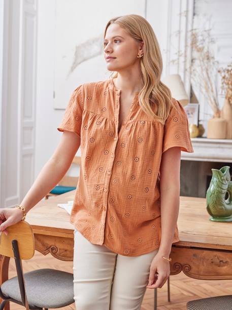 Zwangerschaps- en borstvoedingsblouse van katoengaas ecru+terracotta - vertbaudet enfant 