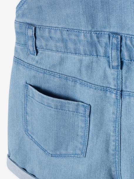 Korte denim meisjestuinbroek met ruches op de bandjes double stone - vertbaudet enfant 