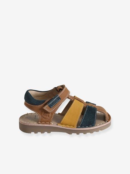 Leren sandalen met klittenband kinderen kleutercollectie beige+veel blauw - vertbaudet enfant 