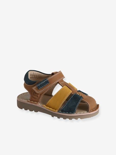 Leren sandalen met klittenband kinderen kleutercollectie beige+veel blauw - vertbaudet enfant 