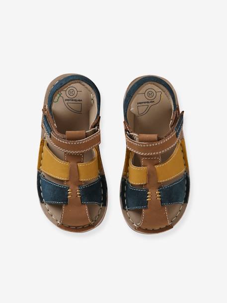 Leren sandalen met klittenband kinderen kleutercollectie beige+veel blauw - vertbaudet enfant 