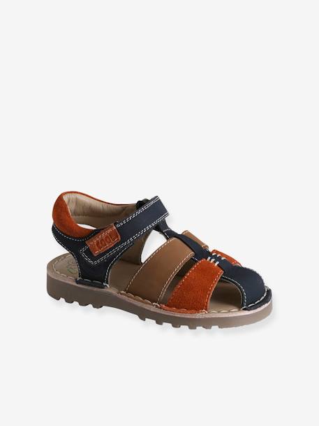 Leren sandalen met klittenband kinderen kleutercollectie beige+marineblauw+veel blauw - vertbaudet enfant 