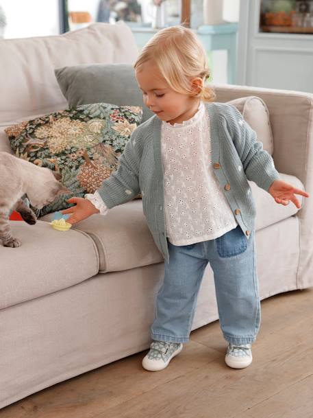 Wijde denim jeans baby met stoffen riem gebleekt denim - vertbaudet enfant 