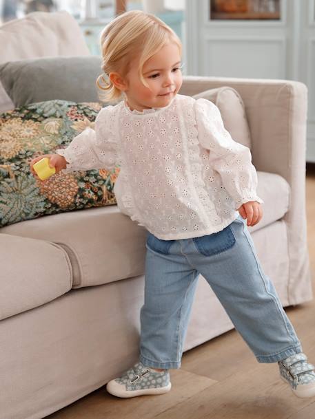 Wijde denim jeans baby met stoffen riem gebleekt denim - vertbaudet enfant 