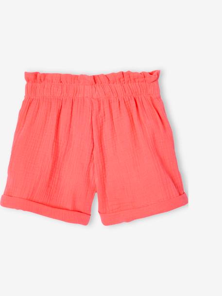 Meisjesshort in 'paperbag'-stijl, van katoengaas amandelgroen+koraal+lichtblauw+vanille - vertbaudet enfant 