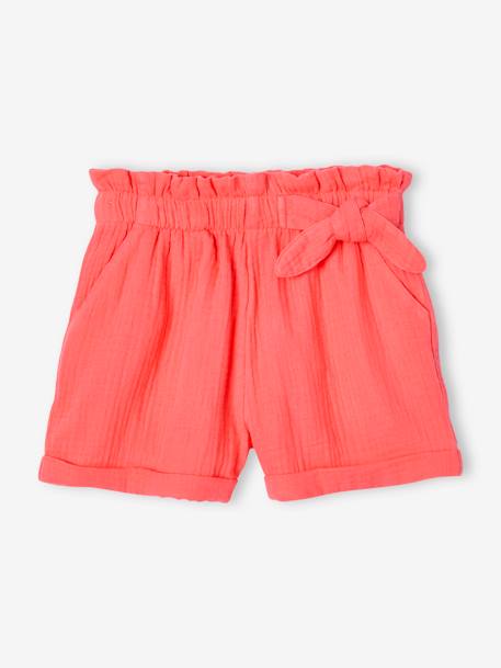 Meisjesshort in 'paperbag'-stijl, van katoengaas amandelgroen+koraal+lichtblauw+vanille - vertbaudet enfant 