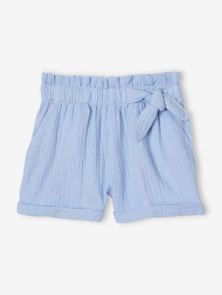 Meisjesshort in 'paperbag'-stijl, van katoengaas amandelgroen+koraal+lichtblauw+vanille - vertbaudet enfant 