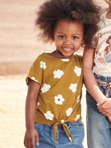 Gestreept T-shirt voor meisjes met sierstrik ecru+groen+kaki+marineblauw+rose paars bedrukt+vanille+wit / rood - vertbaudet enfant 