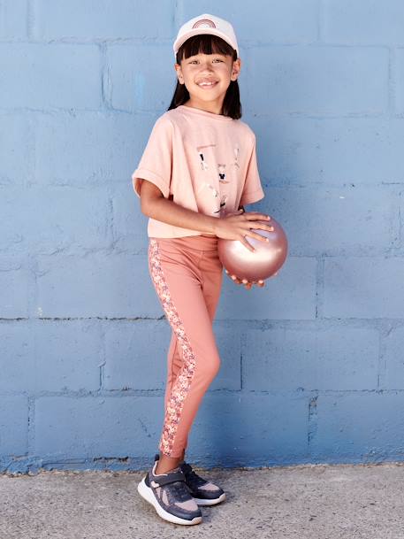 Sportlegging voor meisjes van technisch materiaal met stroken aan de zijkant en bloemenprint terracotta - vertbaudet enfant 